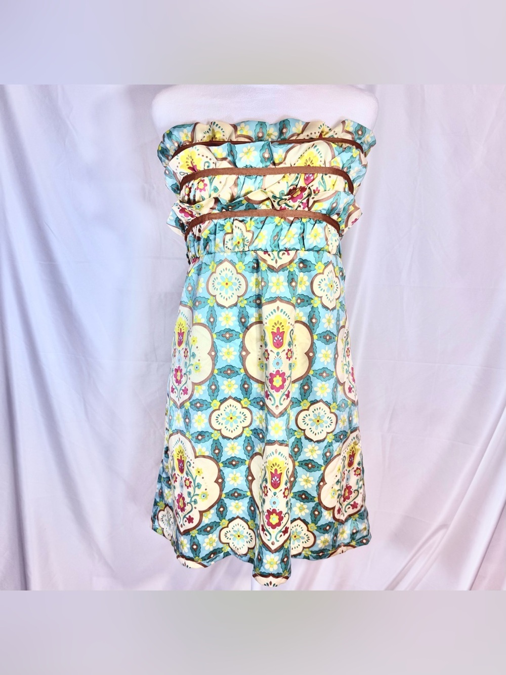 Judith March Turquoise Floral Strapless Babydoll Mini Dress With Ruffled Bodice